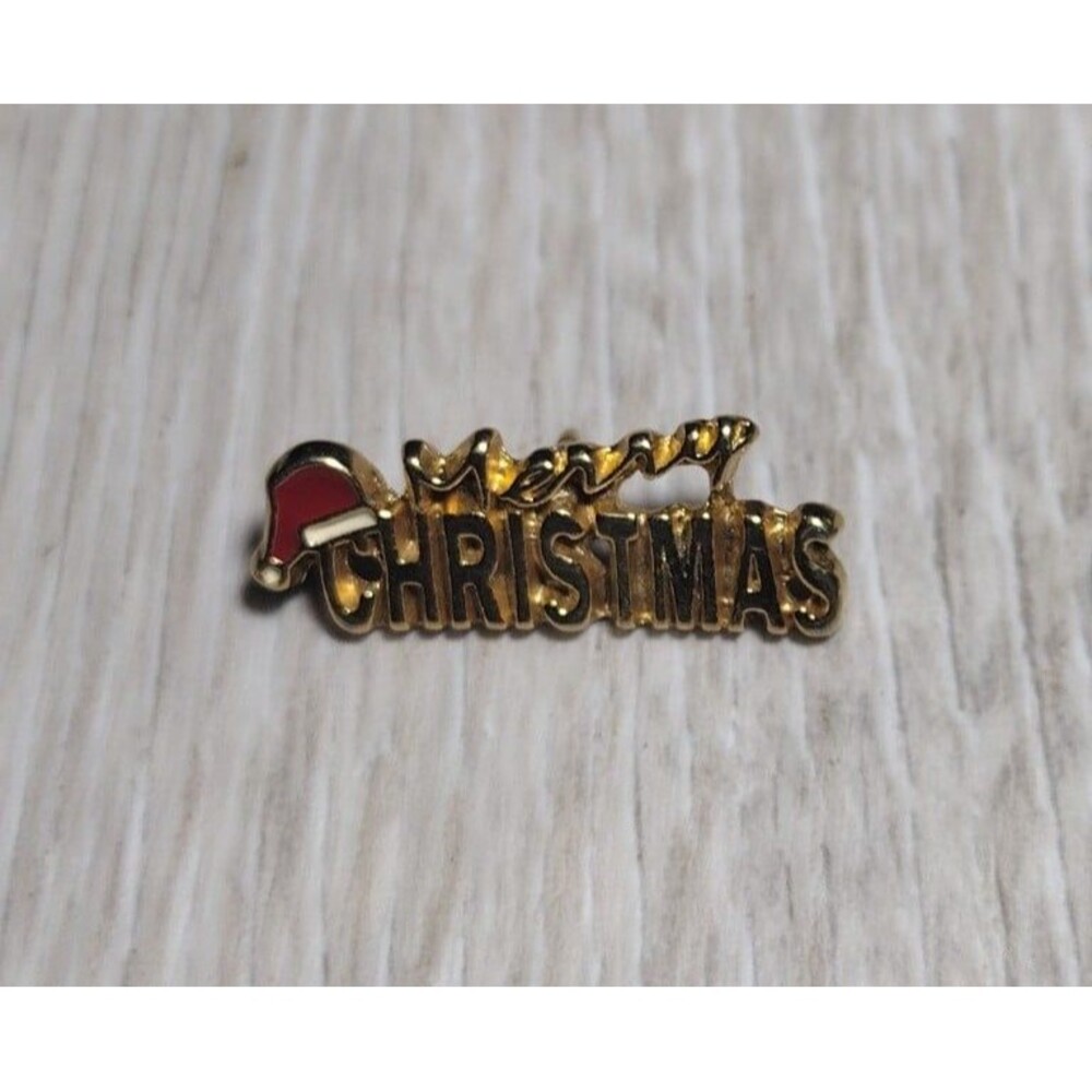 Vintage Merry Christmas Gold Tone Lapel Pin